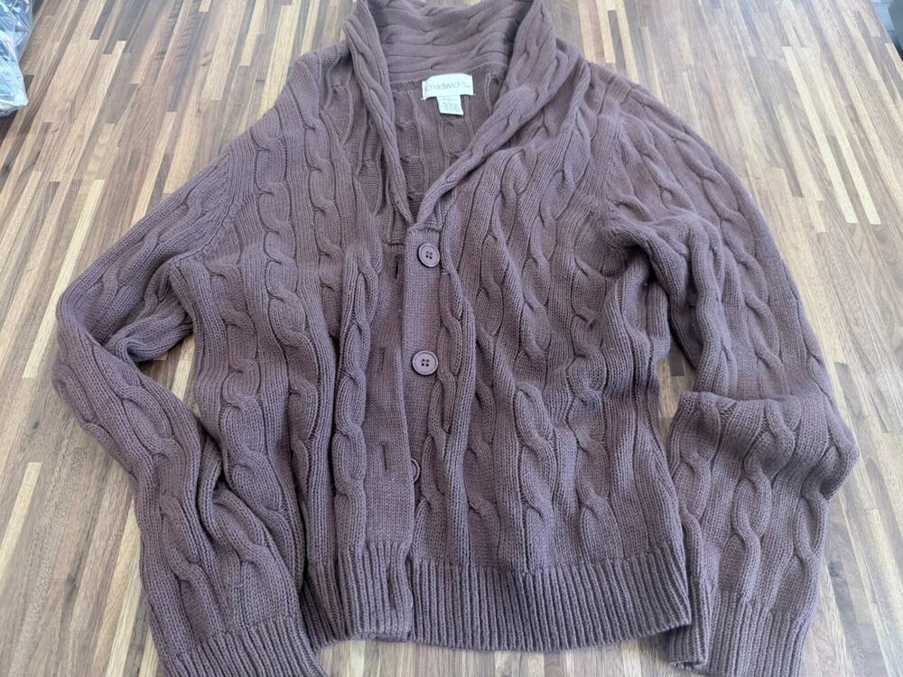 Chadwicks Womens L Angora Blend Cable Knit Cardigan Mauve Shawl Collar Button